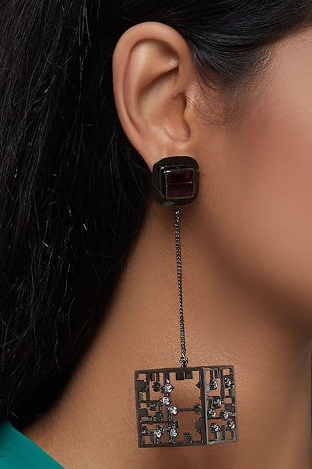 Shop_Esme By Aashna Dalmia_Black Crystal Danglers _at_Aza_Fashions