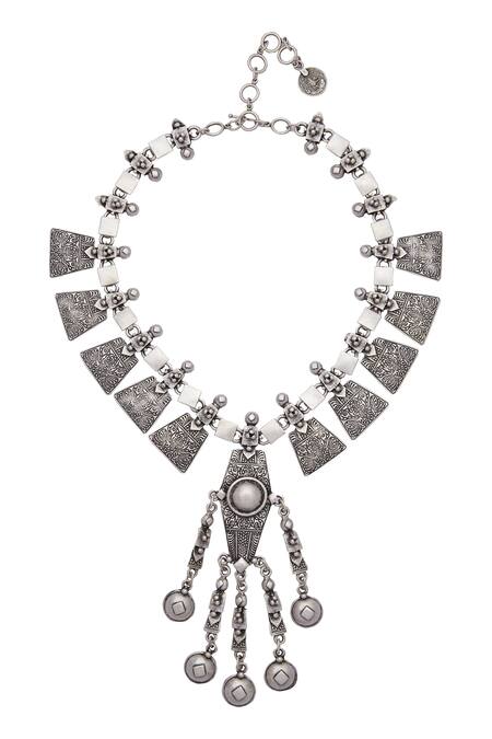 Shop Rengge Silver Plated Metal Geometric Pendant Necklace at Aza Fashions Shop_Rengge_Silver Plated Metal Geometric Pendant Necklace_at_Aza_Fashions