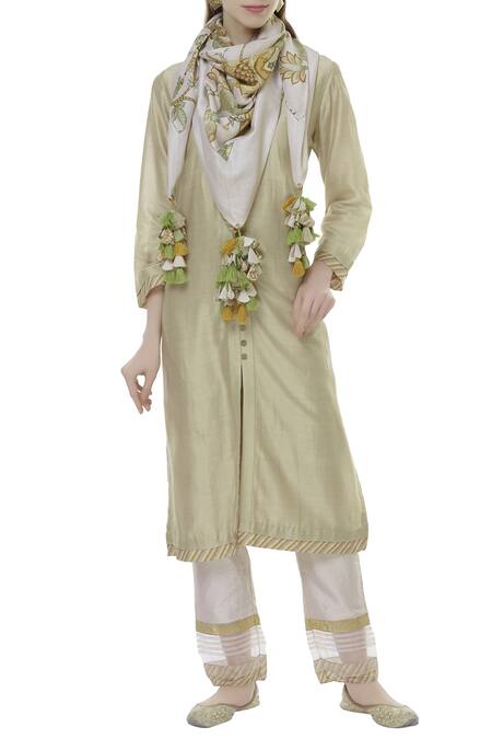 Torani_Off White Chanderi Printed Scarf_Online_at_Aza_Fashions