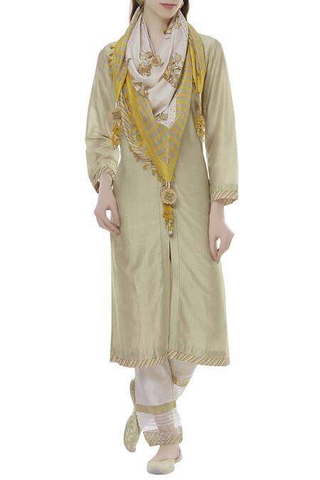 Torani_Yellow Chanderi Printed Scarf_Online_at_Aza_Fashions