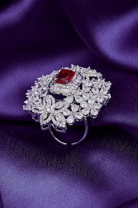 Buy_Moh-Maya By Disha Khatri_Silver Plated Crystals, Stones Floral Ring _Online_at_Aza_Fashions