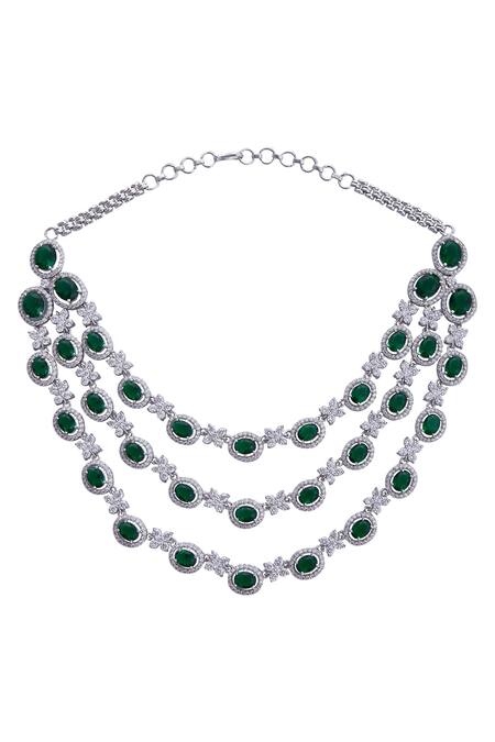 Moh-Maya By Disha Khatri_Silver Plated Crystals, Stones Emerald Necklace Set_Online_at_Aza_Fashions