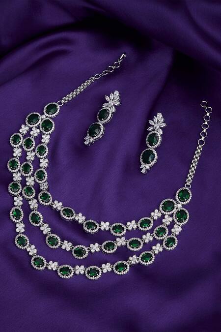 Buy_Moh-Maya By Disha Khatri_Silver Plated Crystals, Stones Emerald Necklace Set_Online_at_Aza_Fashions