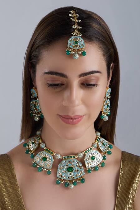Shop_Posh By Rathore_Gold Plated Kundan Choker Set_at_Aza_Fashions