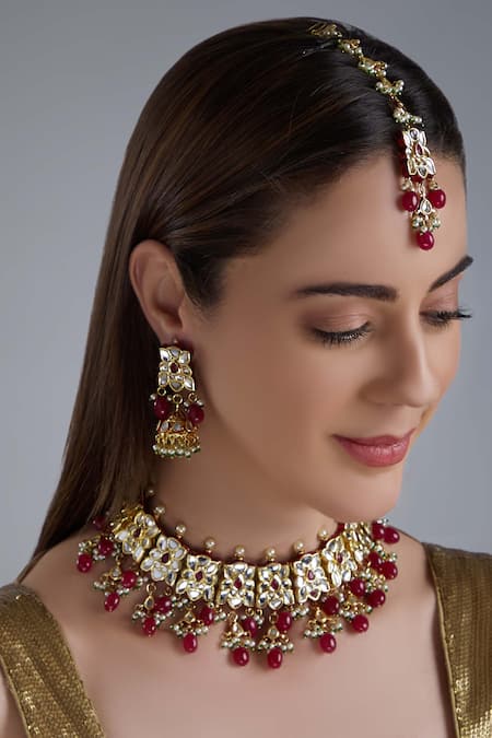 Shop Posh By Rathore Gold Plated Beads, Diamonds Kundan Choker Set at Aza Fashions Shop_Posh By Rathore_Gold Plated Beads, Diamonds Kundan Choker Set _at_Aza_Fashions