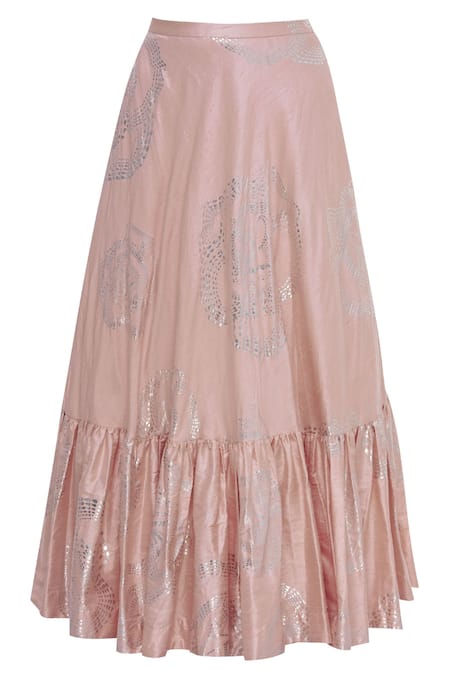 Urvashi Joneja_Pink Raw Silk Foil Print Skirt _Online_at_Aza_Fashions
