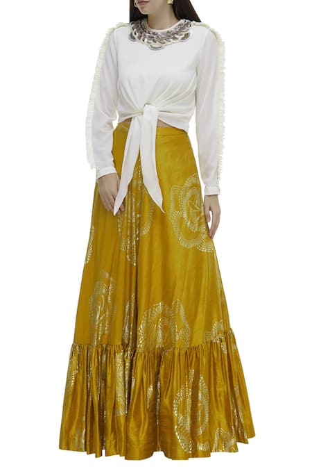 Urvashi Joneja Yellow Raw Silk Foil Print Skirt 