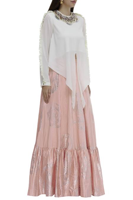 Urvashi Joneja_Off White Georgette Sequin And Bead Round Embellished Tie Up Blouse _Online_at_Aza_Fashions