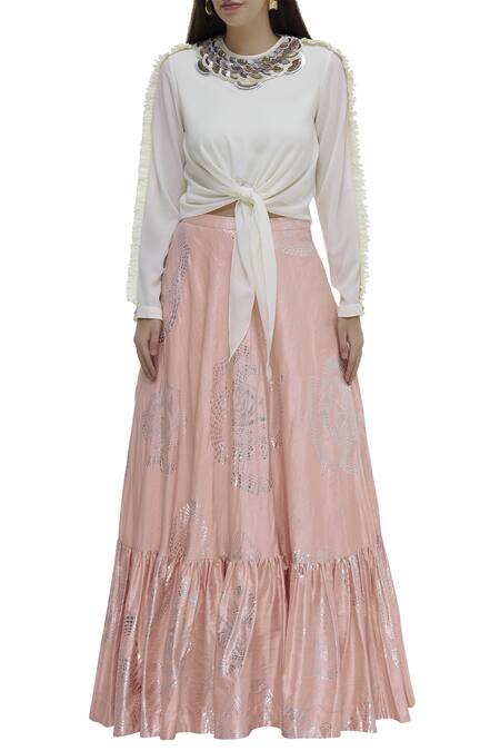 Buy_Urvashi Joneja_Off White Georgette Sequin And Bead Round Embellished Tie Up Blouse _Online_at_Aza_Fashions