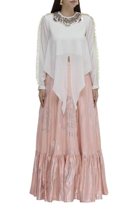 Shop_Urvashi Joneja_Off White Georgette Sequin And Bead Round Embellished Tie Up Blouse _Online_at_Aza_Fashions