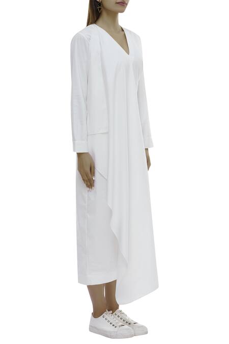 Twinkle Hanspal_White Cotton Twill Draped Dress_Online_at_Aza_Fashions