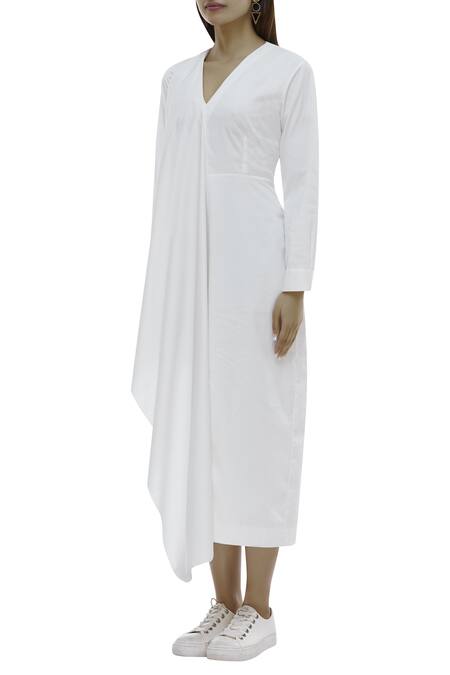 Buy_Twinkle Hanspal_White Cotton Twill Draped Dress_Online_at_Aza_Fashions