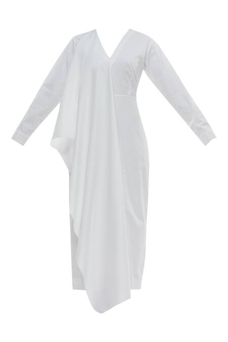 Shop_Twinkle Hanspal_White Cotton Twill Draped Dress_Online_at_Aza_Fashions