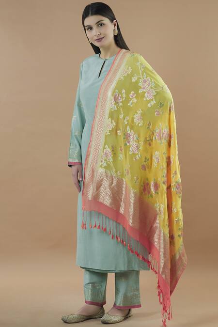 Ekaya Banaras_Green Woven Kurta Set_Online_at_Aza_Fashions