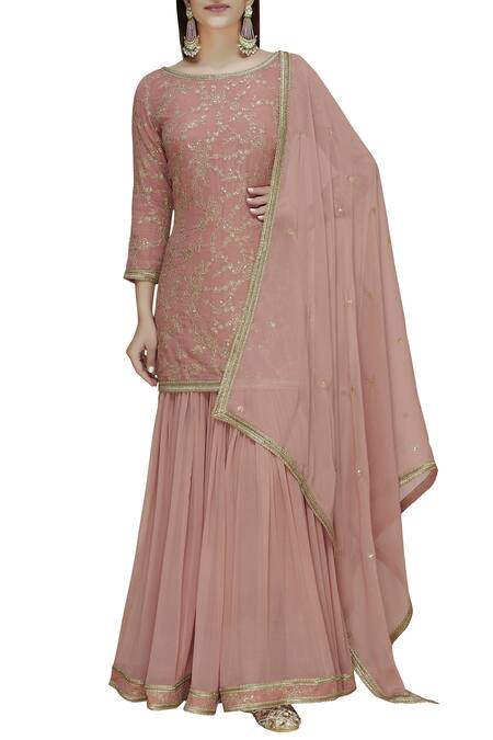 Dabka Dori_Pink Georgette Round Embroidered Kurta Set_Online_at_Aza_Fashions