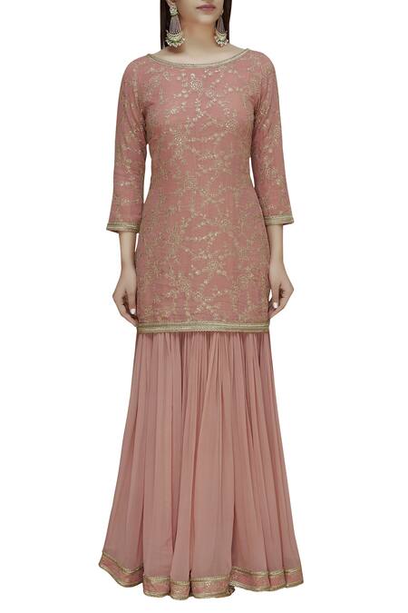 Buy_Dabka Dori_Pink Georgette Round Embroidered Kurta Set_Online_at_Aza_Fashions