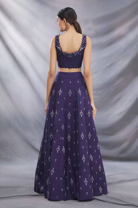 Shop_Sana Barreja_Blue Raw Silk Embroidered Lehenga Set_at_Aza_Fashions