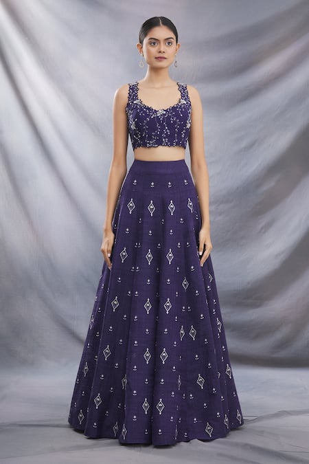 Sana Barreja_Blue Raw Silk Embroidered Lehenga Set_Online_at_Aza_Fashions