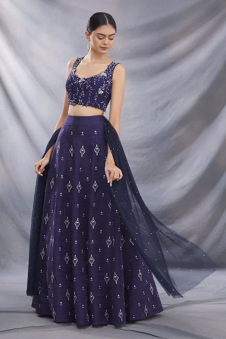 Buy_Sana Barreja_Blue Raw Silk Embroidered Lehenga Set_Online_at_Aza_Fashions