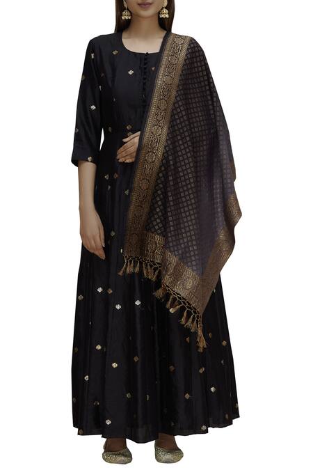 Shop_Vishwa By Pinki Sinha_Black Handloom Banarasi Anarkali With Dupatta_Online_at_Aza_Fashions