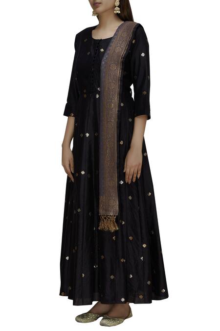 Buy_Vishwa By Pinki Sinha_Black Handloom Banarasi Anarkali With Dupatta