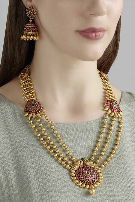 Shop Nayaab By Aleezeh Gold Plated Stone Layered Necklace Set at Aza Fashions Shop_Nayaab By Aleezeh_Gold Plated Stone Layered Necklace Set_at_Aza_Fashions