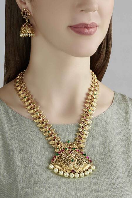 Shop_Nayaab By Aleezeh_Gold Plated Stone Pendant Necklace Set_at_Aza_Fashions