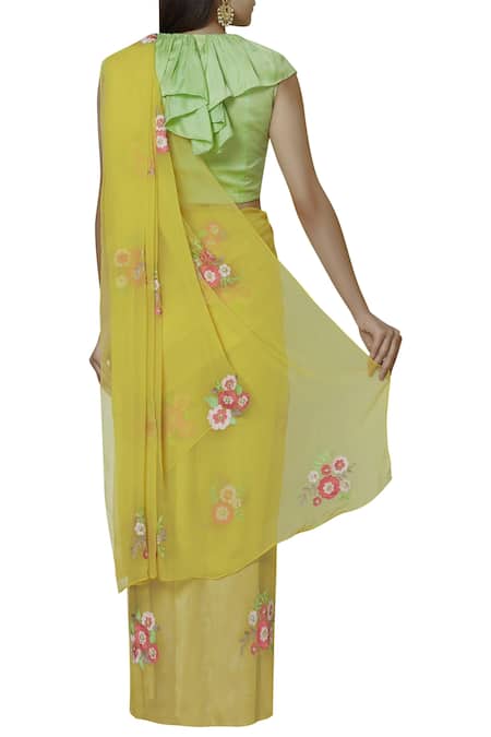 Shop Aharin India Yellow Georgette Round Embroidered Saree Set at Aza Fashions Shop_Aharin India_Yellow Georgette Round Embroidered Saree Set _at_Aza_Fashions