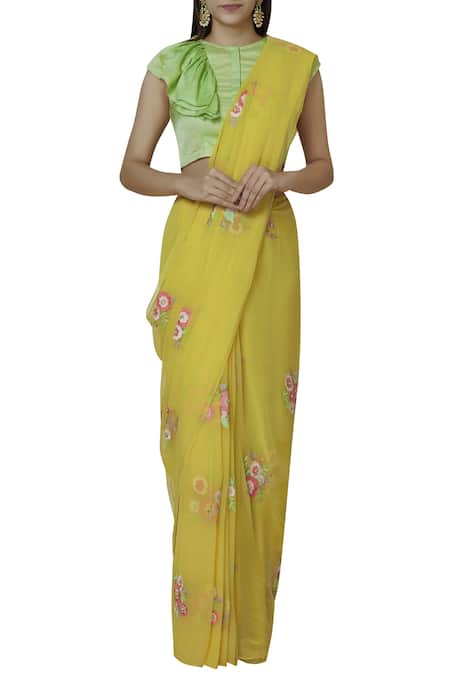 Aharin India Yellow Georgette Round Embroidered Saree Set Online at Aza Fashions Aharin India_Yellow Georgette Round Embroidered Saree Set _Online_at_Aza_Fashions