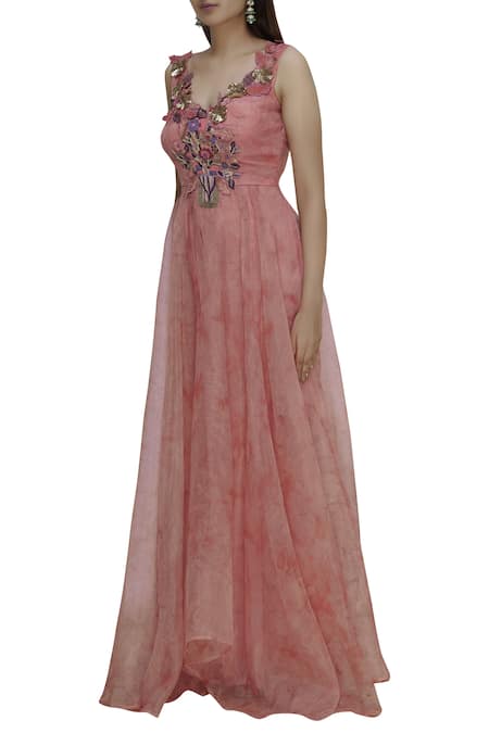 Buy_Aharin India_Pink Glass Nylon V-shaped Neckline Embroidered Gown _Online_at_Aza_Fashions