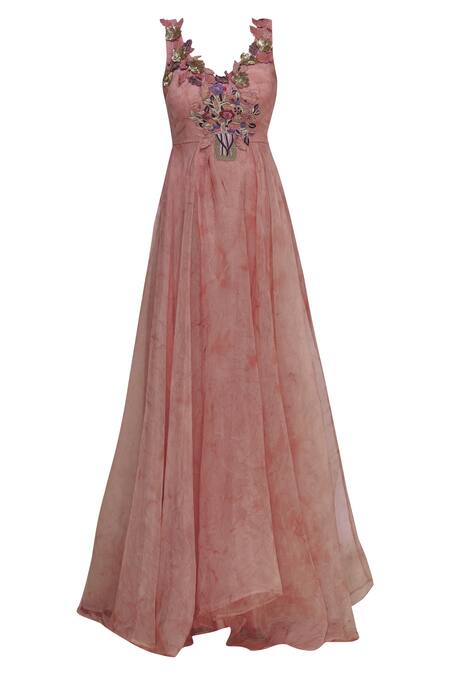 Shop_Aharin India_Pink Glass Nylon V-shaped Neckline Embroidered Gown _Online_at_Aza_Fashions
