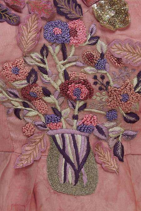 Aharin India_Pink Glass Nylon V-shaped Neckline Embroidered Gown _at_Aza_Fashions