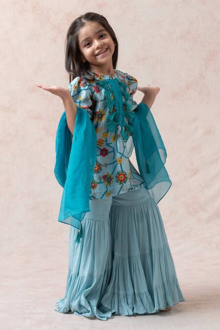 Thetaa_Sky Blue Silk, Viscose, Voile Tassels Floral Print Kurta Gharara Set_Online_at_Aza_Fashions