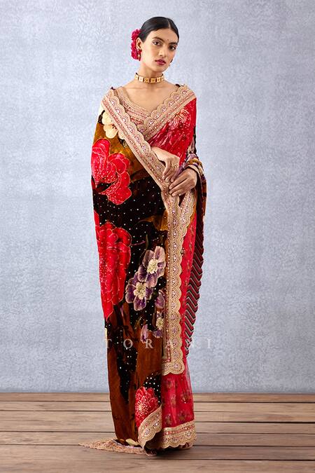 Torani_Yellow Velvet, Slub And Crepe Digital Aftaabi Rabia Makhmal Saree _at_Aza_Fashions