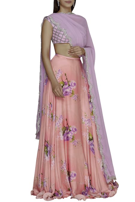 Shehlaa Khan Purple Satin Georgette Boat Printed Lehenga Set 