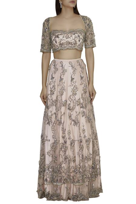 Buy_Shehlaa Khan_Peach Tulle Satin Sweetheart Neck Embroidered Bridal Lehenga Set _Online_at_Aza_Fashions