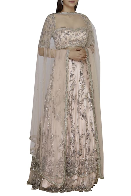 Shehlaa Khan_Peach Tulle Satin Sweetheart Neck Embroidered Bridal Lehenga Set _Online_at_Aza_Fashions