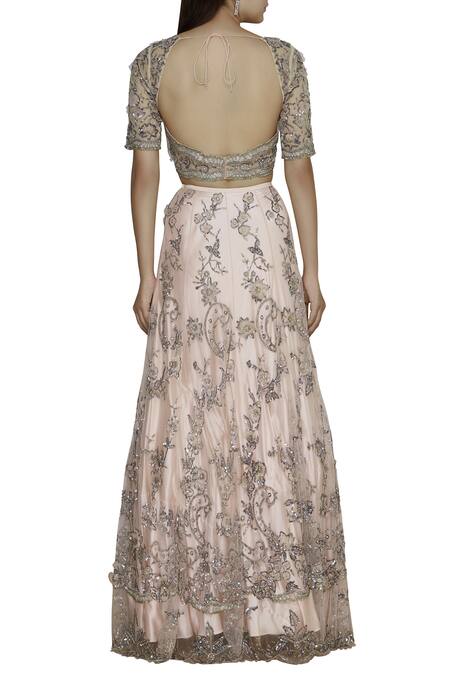 Shop_Shehlaa Khan_Peach Tulle Satin Sweetheart Neck Embroidered Bridal Lehenga Set _at_Aza_Fashions