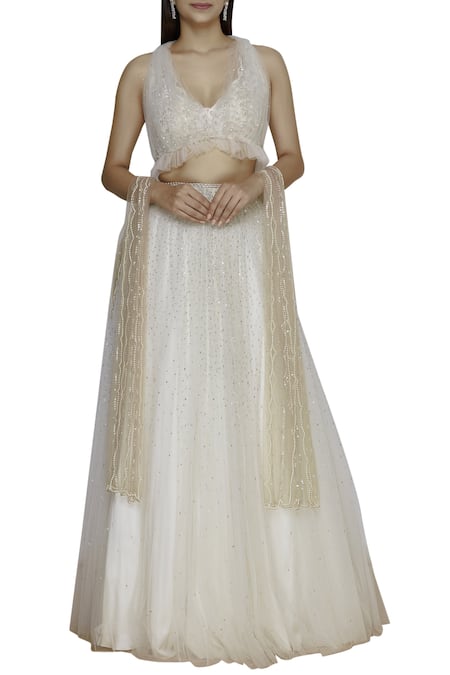 Shehlaa Khan White Tulle Satin V Neck Embroidered Bridal Lehenga Set 