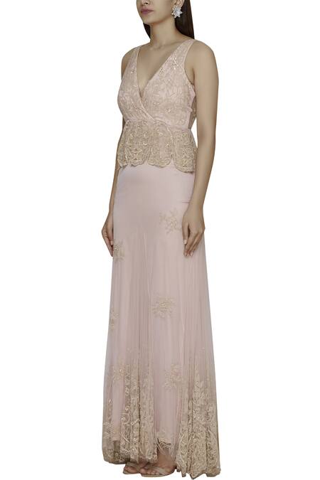 Shop Shehlaa Khan Beige Tulle, Satin Deep V-shaped Neckline Embroidered Gown Online at Aza Fashions Shop_Shehlaa Khan_Beige Tulle, Satin Deep V-shaped Neckline Embroidered Gown _Online_at_Aza_Fashions