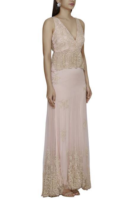 Shehlaa Khan Beige Tulle, Satin Deep V-shaped Neckline Embroidered Gown Online at Aza Fashions Shehlaa Khan_Beige Tulle, Satin Deep V-shaped Neckline Embroidered Gown _Online_at_Aza_Fashions