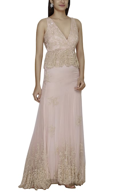 Shehlaa Khan Beige Tulle, Satin Deep V-shaped Neckline Embroidered Gown 
