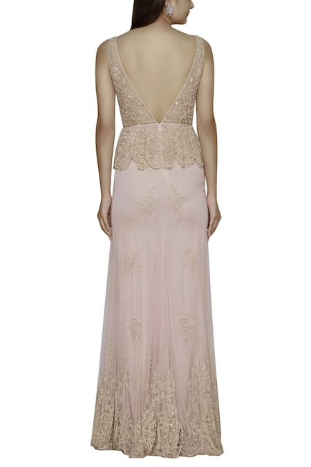 Shop Shehlaa Khan Beige Tulle, Satin Deep V-shaped Neckline Embroidered Gown at Aza Fashions Shop_Shehlaa Khan_Beige Tulle, Satin Deep V-shaped Neckline Embroidered Gown _at_Aza_Fashions