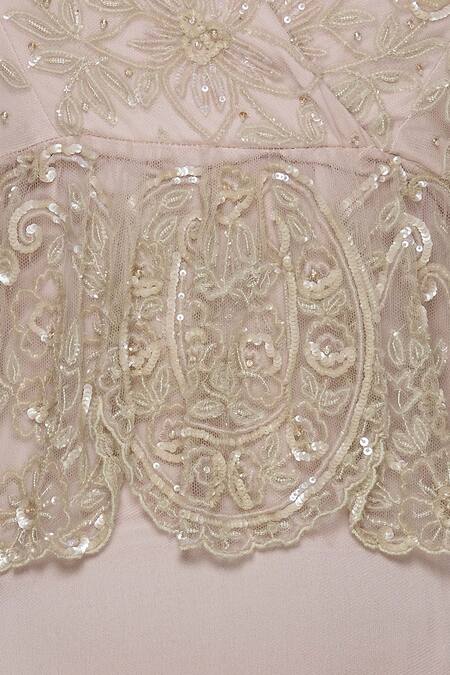 Shehlaa Khan Beige Tulle, Satin Deep V-shaped Neckline Embroidered Gown at Aza Fashions Shehlaa Khan_Beige Tulle, Satin Deep V-shaped Neckline Embroidered Gown _at_Aza_Fashions