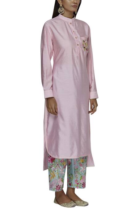 Buy Aiman Pink Silk Chanderi Band Collar Kurta Set Online at Aza Fashions Buy_Aiman_Pink Silk Chanderi Band Collar Kurta Set_Online_at_Aza_Fashions