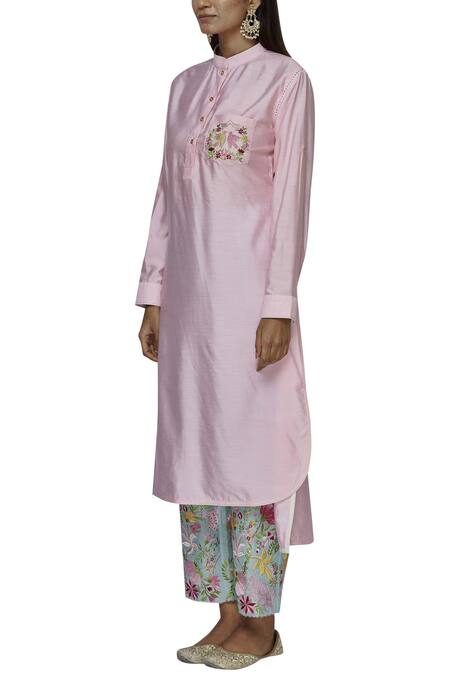 Aiman Pink Silk Chanderi Band Collar Kurta Set Online at Aza Fashions Aiman_Pink Silk Chanderi Band Collar Kurta Set_Online_at_Aza_Fashions