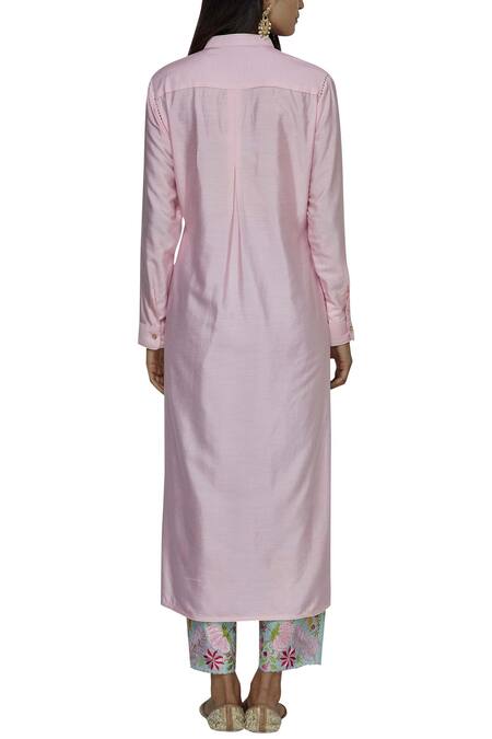 Shop Aiman Pink Silk Chanderi Band Collar Kurta Set at Aza Fashions Shop_Aiman_Pink Silk Chanderi Band Collar Kurta Set_at_Aza_Fashions