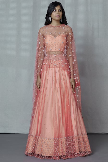 Ariyana By Aza_Coral Bamboo, Taffeta, Net, Silk Sequins, Cut Work Embroidered Cape Lehenga Set _Online_at_Aza_Fashions