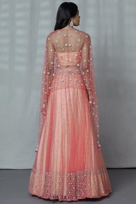 Shop_Ariyana By Aza_Coral Bamboo, Taffeta, Net, Silk Sequins, Cut Work Embroidered Cape Lehenga Set _at_Aza_Fashions