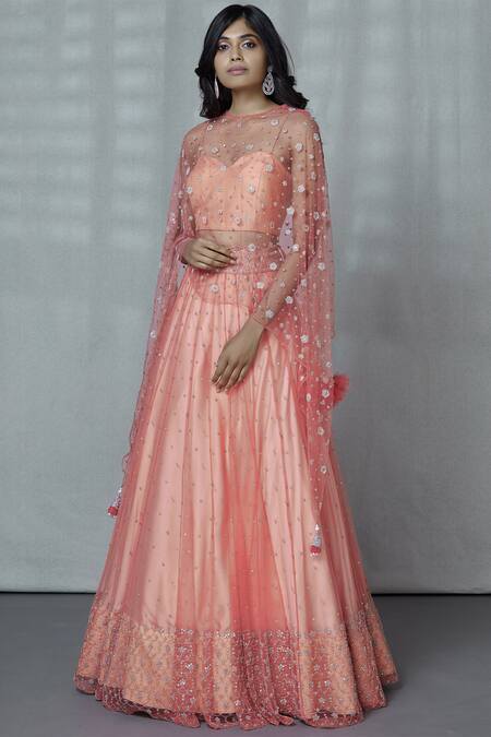 Buy_Ariyana By Aza_Coral Bamboo, Taffeta, Net, Silk Sequins, Cut Work Embroidered Cape Lehenga Set _Online_at_Aza_Fashions